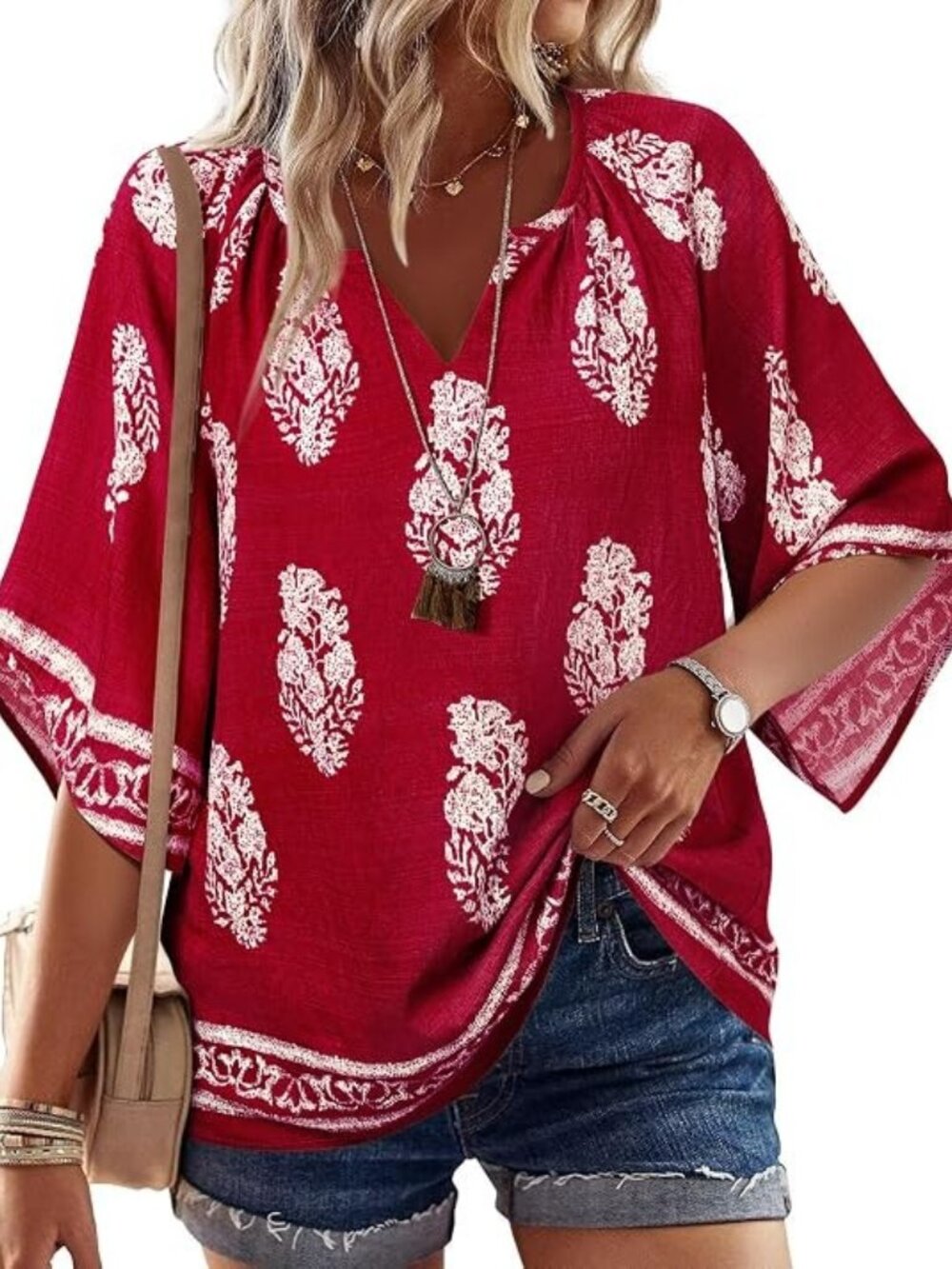 Bebonnie Bohemian Paisley Print V Neck Peasant Tunic Blouse Top Size XL